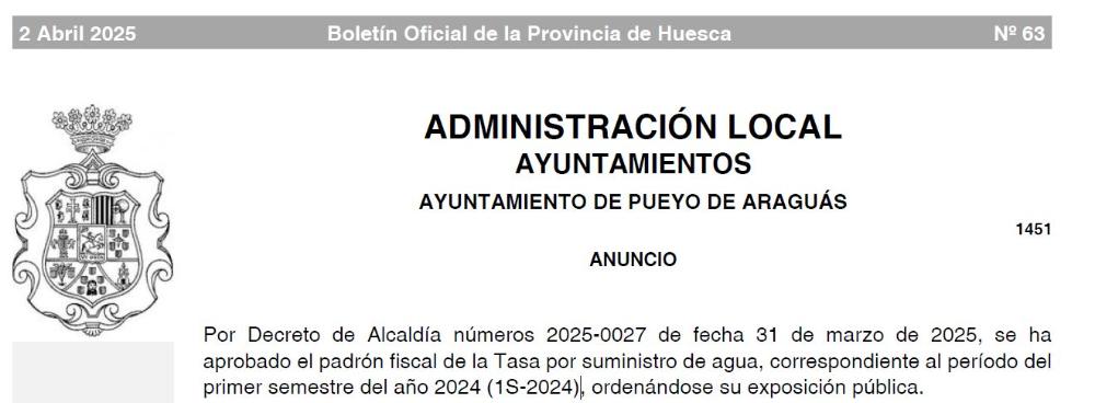 Imagen Anuncio: abierto el plazo de exposición publica de aprobación de los padrones fiscales de tasa.por suministro de agua, correspondiente al período del primer semestre del año 2024 (1S-2024).